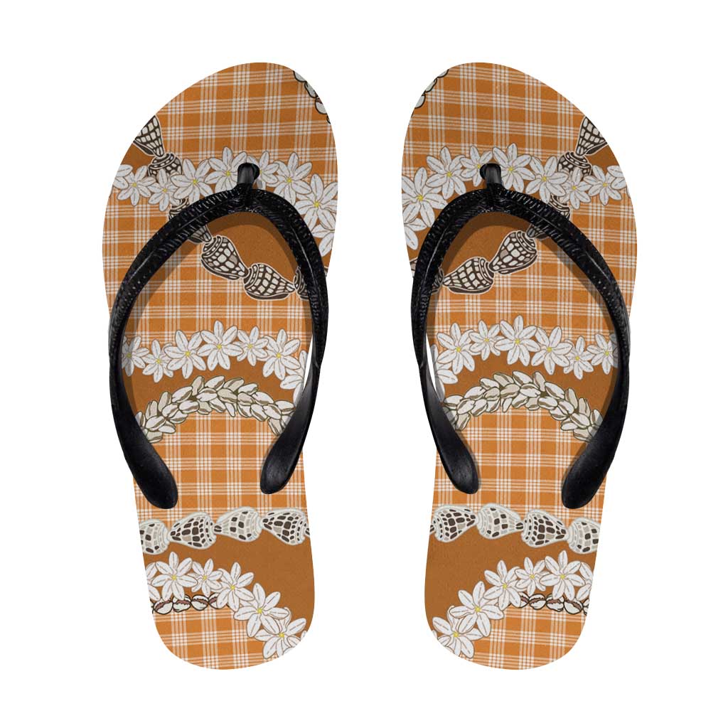 Orange Hawaii Tiare and Shell Lei Flip Flops Hawaiian Palaka Luxury Vibes - Polynesian Pride