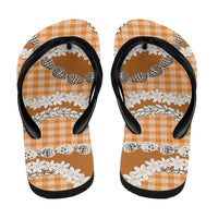 Orange Hawaii Tiare and Shell Lei Flip Flops Hawaiian Palaka Luxury Vibes - Polynesian Pride