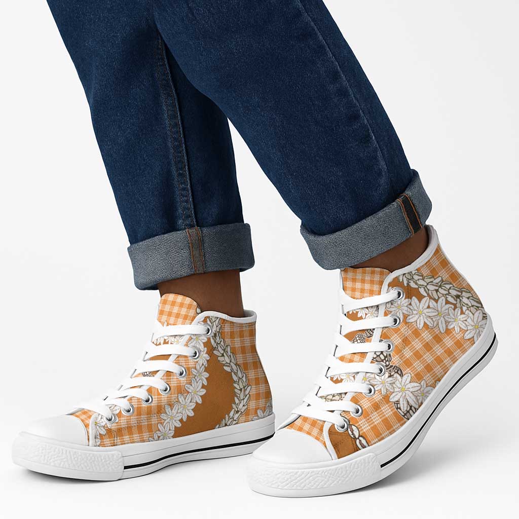 Orange Hawaii Tiare and Shell Lei High Top Shoes Hawaiian Palaka Luxury Vibes - Polynesian Pride