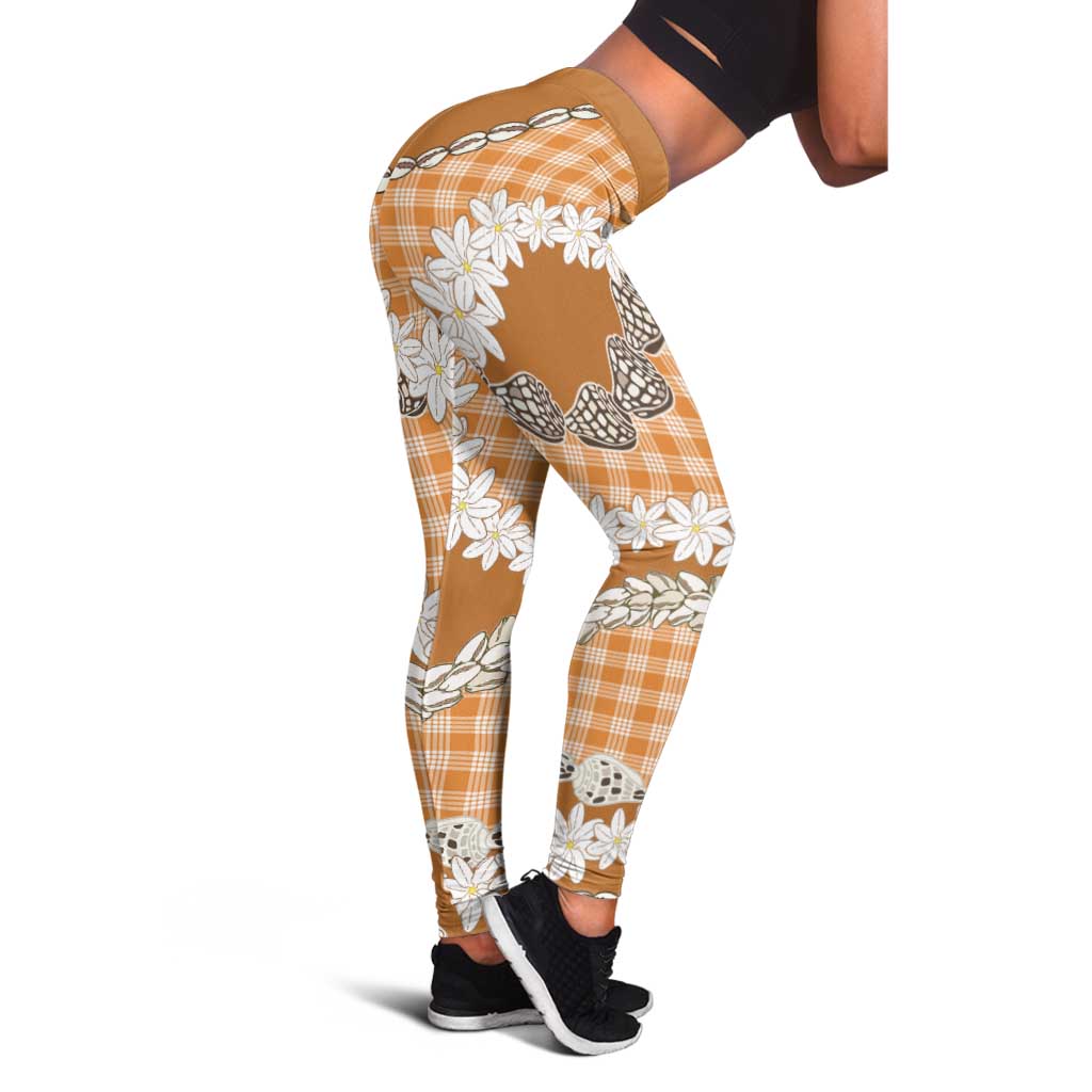 Orange Hawaii Tiare and Shell Lei Leggings Hawaiian Palaka Luxury Vibes - Polynesian Pride