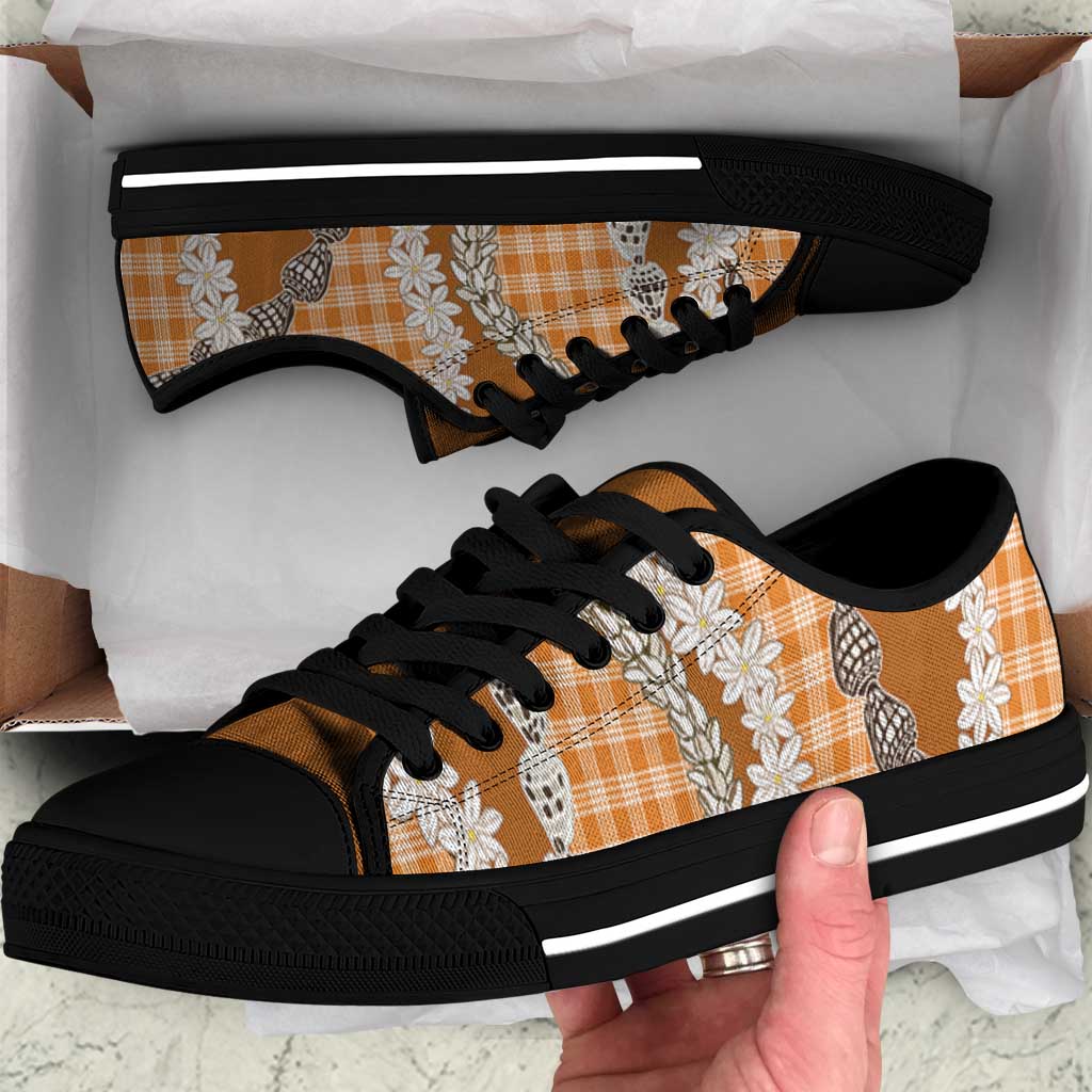 Orange Hawaii Tiare and Shell Lei Low Top Shoes Hawaiian Palaka Luxury Vibes - Polynesian Pride