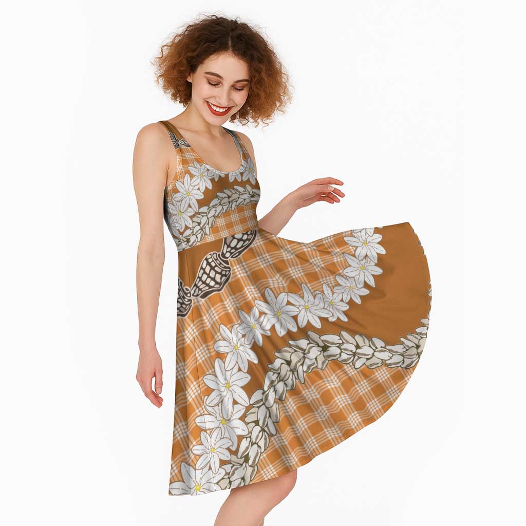 Orange Hawaii Tiare and Shell Lei Midi Dress Hawaiian Palaka Luxury Vibes - Polynesian Pride