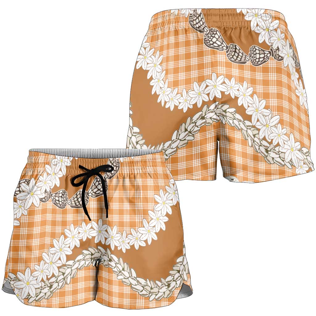 Orange Hawaii Tiare and Shell Lei Shorts for Women Hawaiian Palaka Luxury Vibes - Polynesian Pride