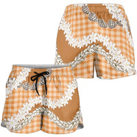 Orange Hawaii Tiare and Shell Lei Shorts for Women Hawaiian Palaka Luxury Vibes - Polynesian Pride