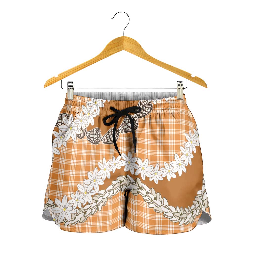 Orange Hawaii Tiare and Shell Lei Shorts for Women Hawaiian Palaka Luxury Vibes - Polynesian Pride