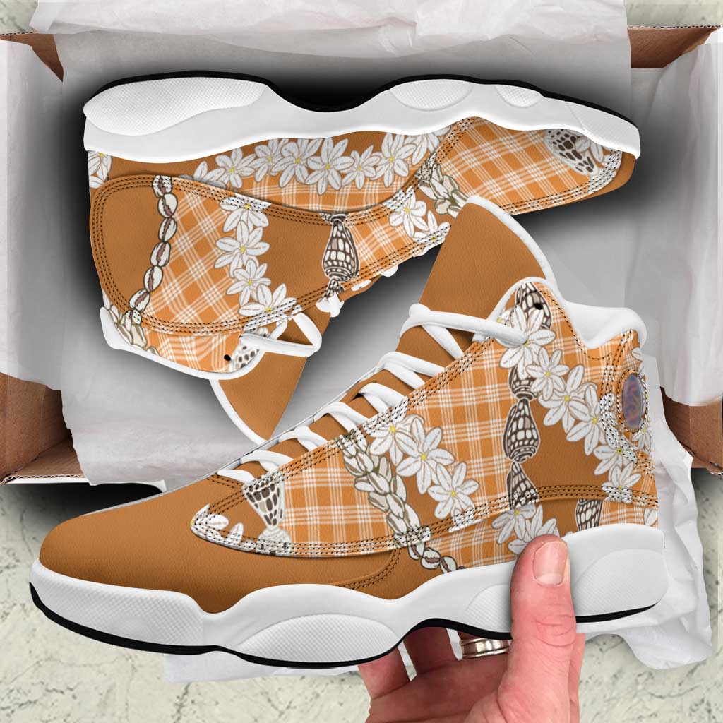 Orange Hawaii Tiare and Shell Lei Sneakers J13 Hawaiian Palaka Luxury Vibes - Polynesian Pride