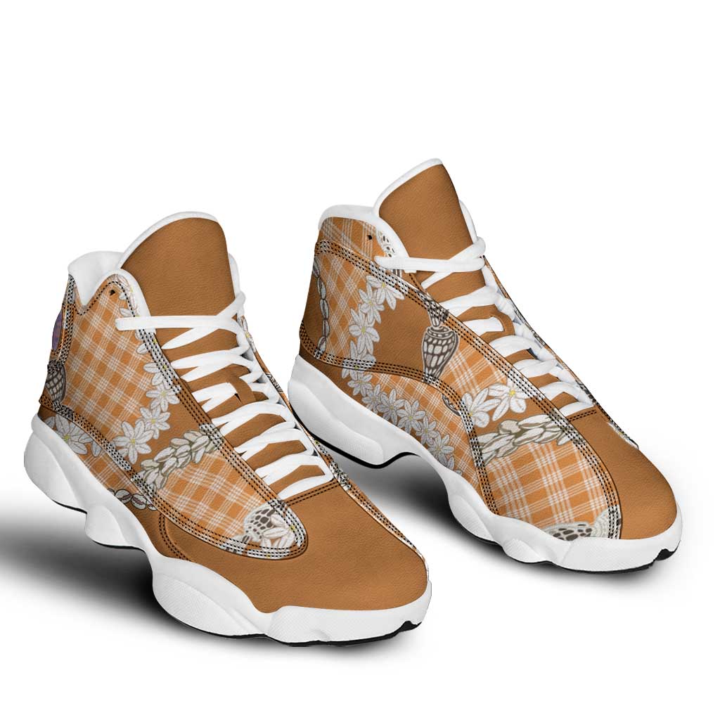 Orange Hawaii Tiare and Shell Lei Sneakers J13 Hawaiian Palaka Luxury Vibes - Polynesian Pride