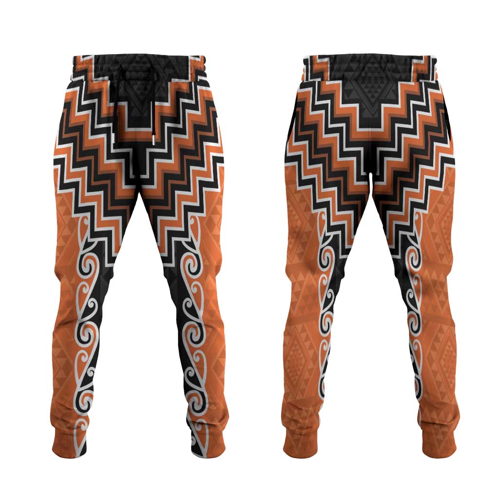 Orange Niho Taniwha Mix Poutama Jogger Pants Unique Taniko Aotearoa LT01 Orange - Polynesian Pride