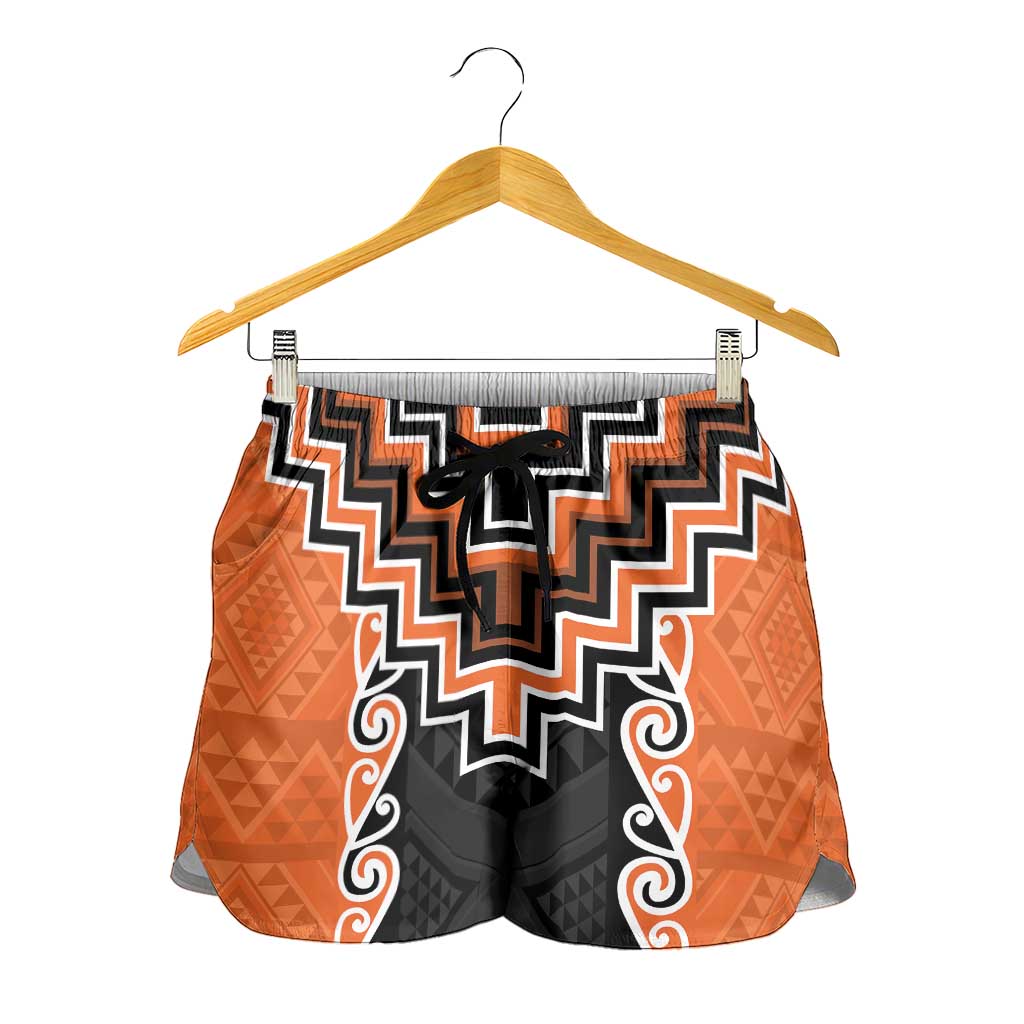 Orange Niho Taniwha Mix Poutama Shorts for Women Unique Taniko Aotearoa LT01 - Polynesian Pride