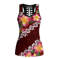 Oxblood Polynesia Hollow Tank Top Plumeria With Hibiscus Pattern Tropical Vibes - Polynesian Pride