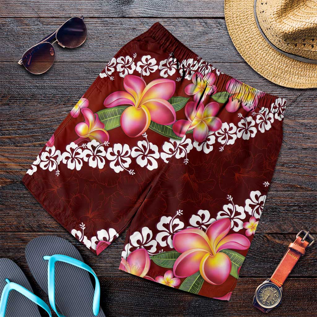 Oxblood Polynesia Shorts for Men Plumeria With Hibiscus Pattern Tropical Vibes - Polynesian Pride
