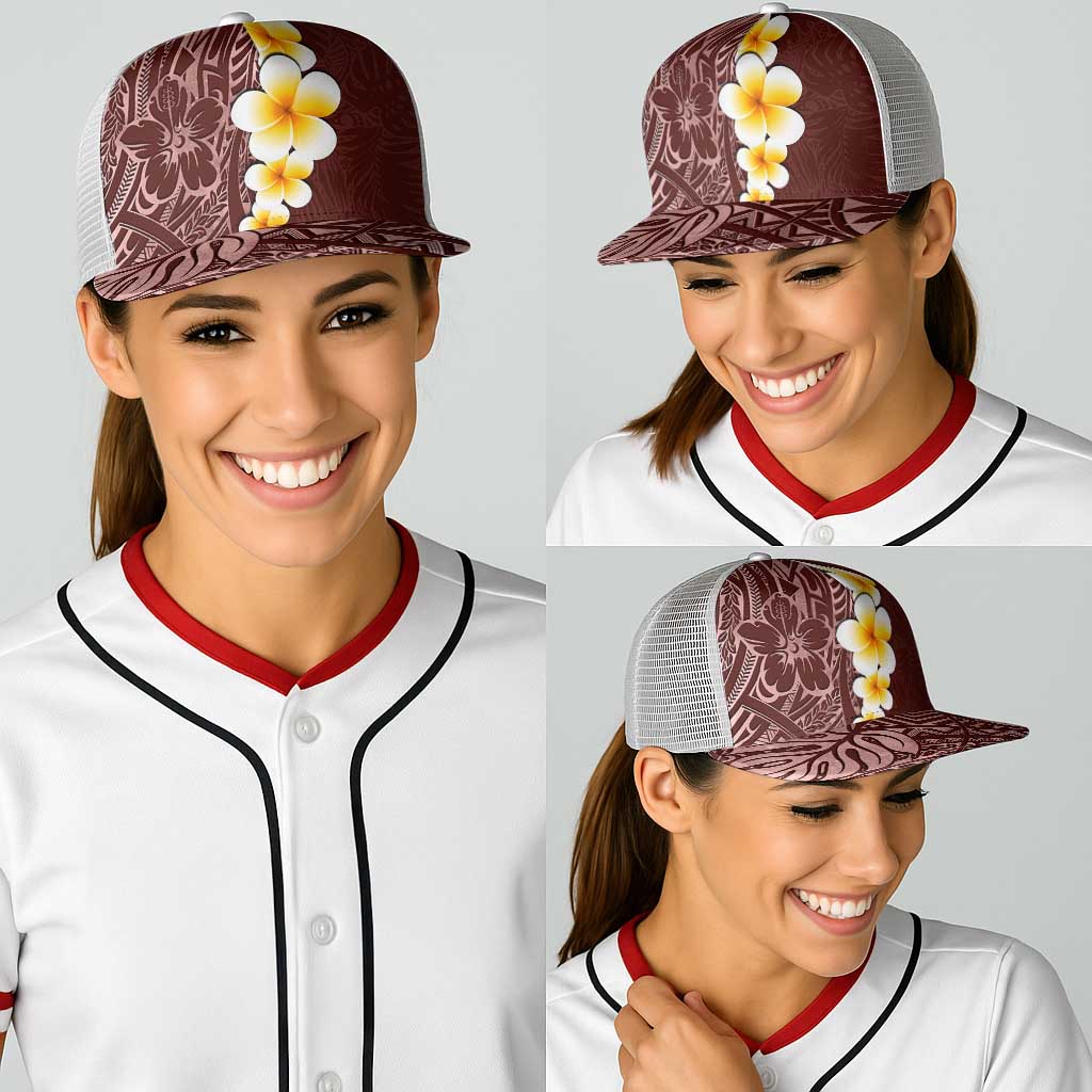 Oxblood Tropical Plumeria With Galaxy Polynesian Art Baseball Net Cap - Polynesian Pride