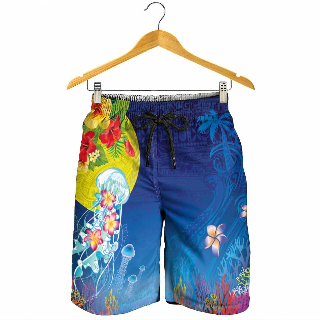 Palau Shorts for Men Jellyfish with Coral Reefs Ocean Vibe and Tapa Pattern LT03 - Polynesian Pride
