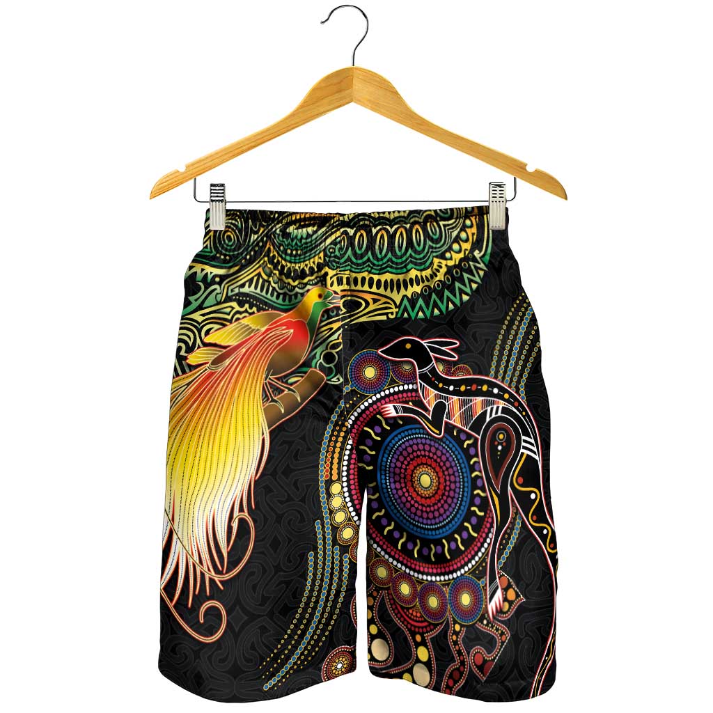 Papua New Guinea and Australia Together Shorts for Men Bird of Paradise and Kangaroo Melanesian Aboriginal Motifs - Polynesian Pride