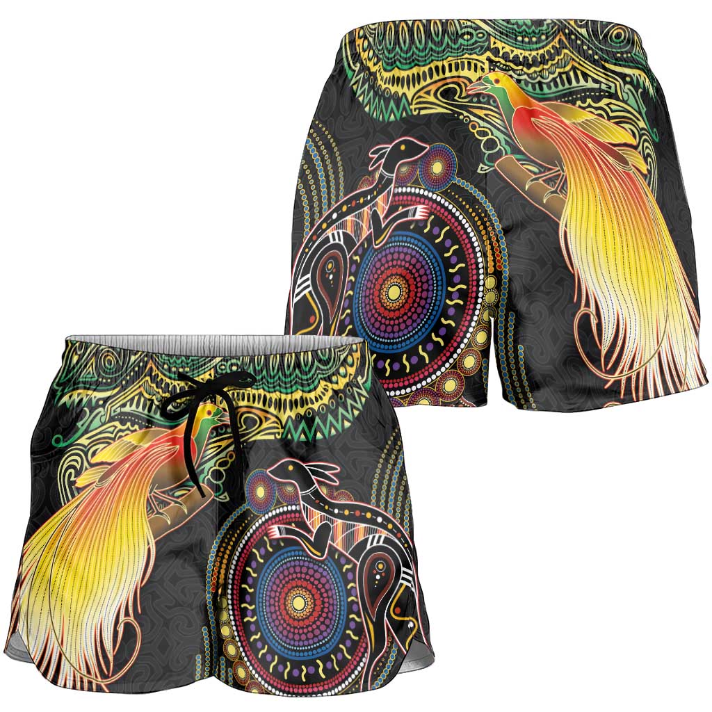 Papua New Guinea and Australia Together Shorts for Women Bird of Paradise and Kangaroo Melanesian Aboriginal Motifs LT03 - Polynesian Pride