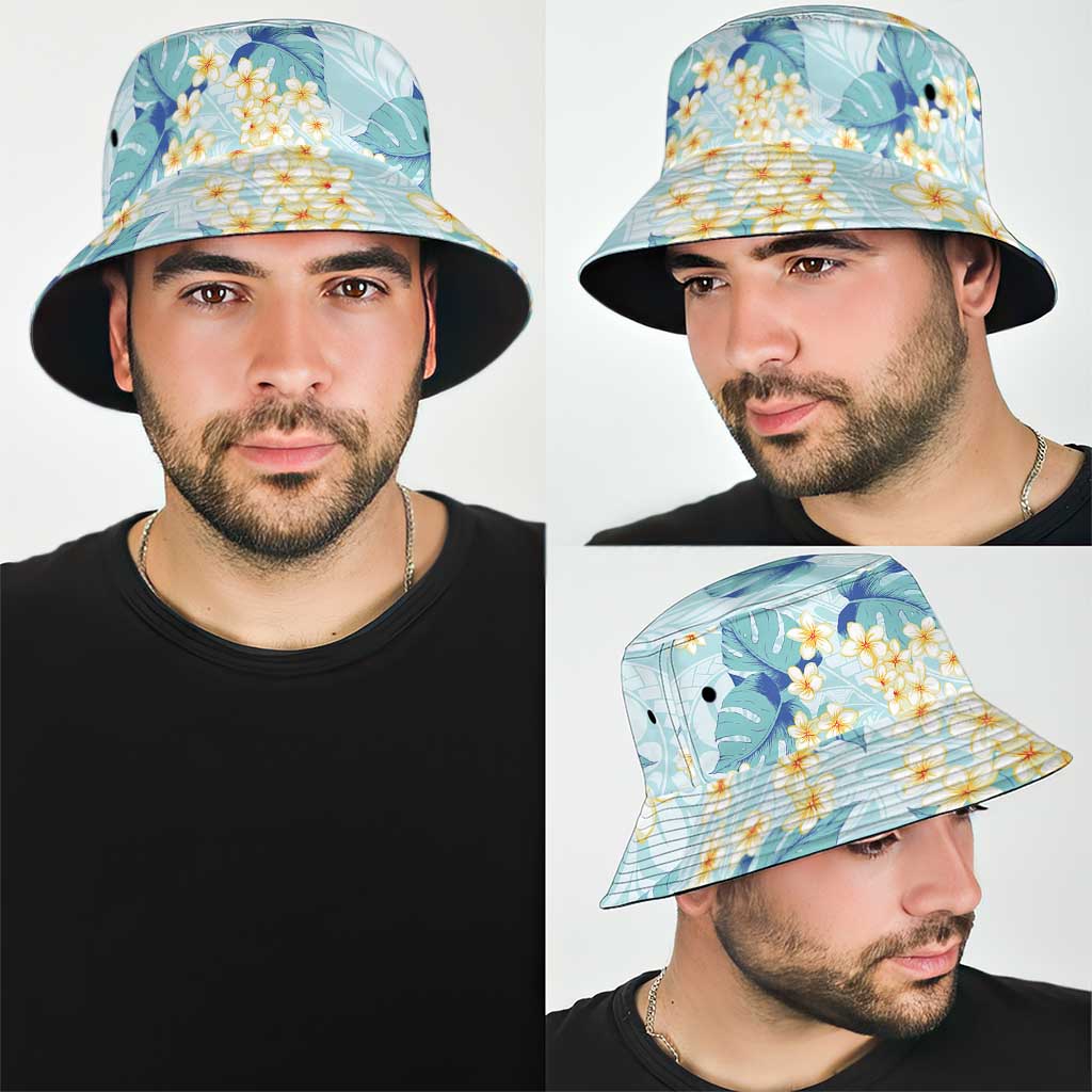 Pastel Cyan Tropical Hawaii Bucket Hat Seamless Monstera Plumeria Hawaiian Pattern - Polynesian Pride