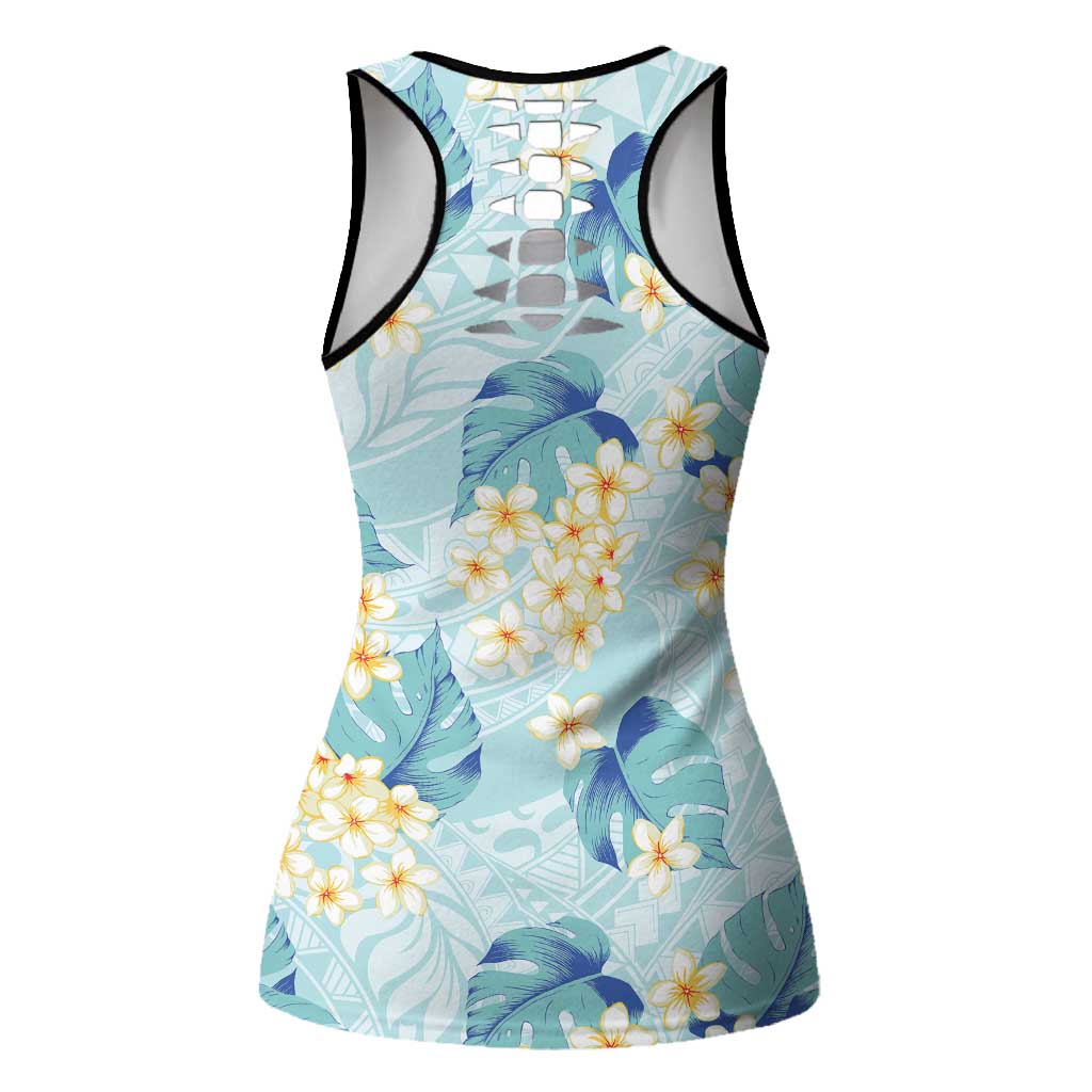Pastel Cyan Tropical Hawaii Hollow Tank Top Seamless Monstera Plumeria Hawaiian Pattern - Polynesian Pride