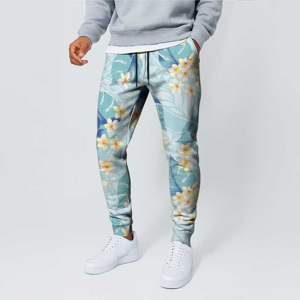 Pastel Cyan Tropical Hawaii Jogger Pants Seamless Monstera Plumeria Hawaiian Pattern - Polynesian Pride