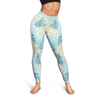 Pastel Cyan Tropical Hawaii Leggings Seamless Monstera Plumeria Hawaiian Pattern - Polynesian Pride
