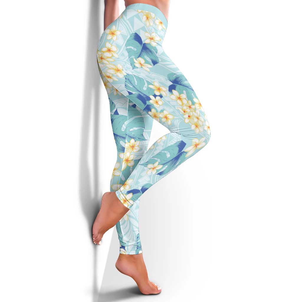 Pastel Cyan Tropical Hawaii Leggings Seamless Monstera Plumeria Hawaiian Pattern - Polynesian Pride