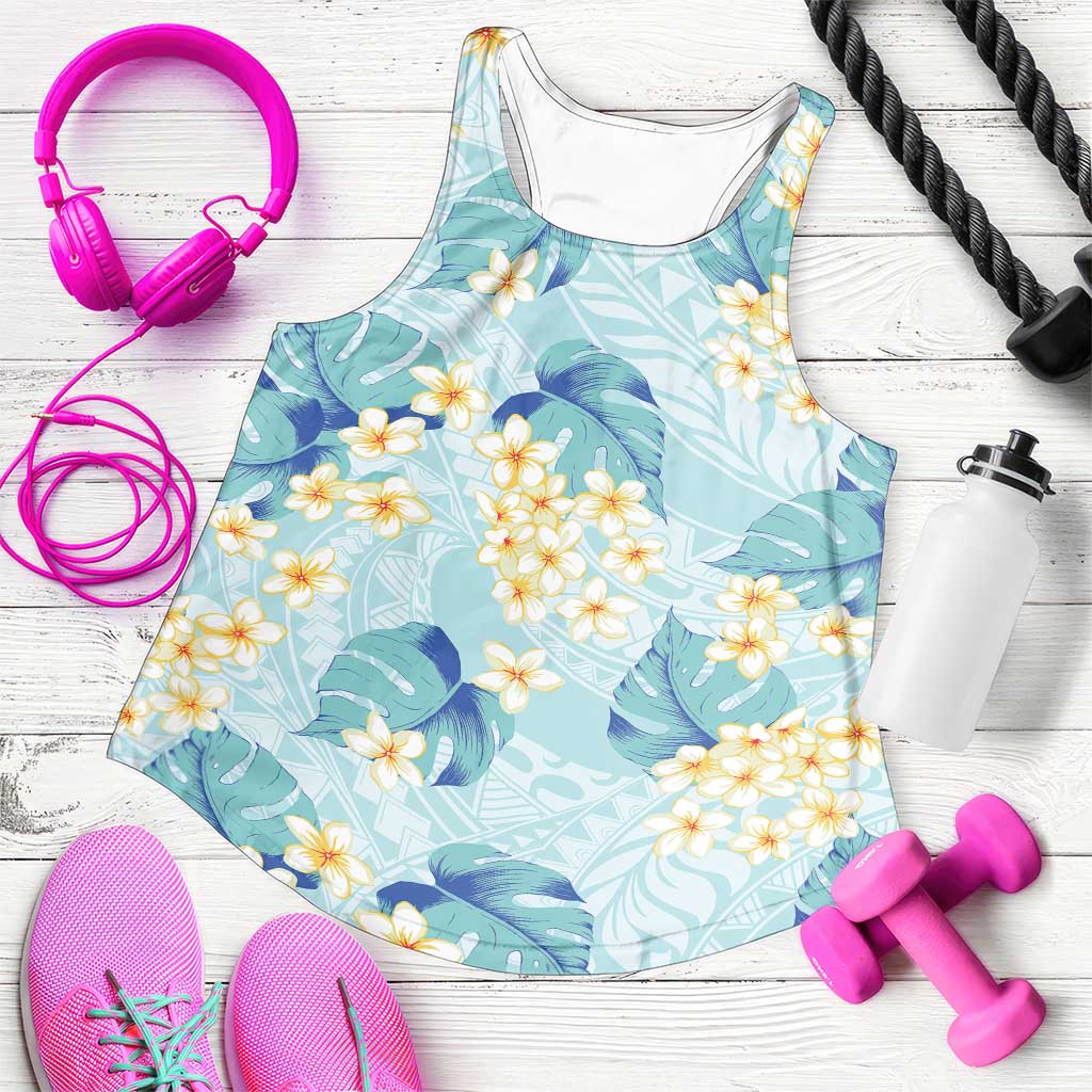 Pastel Cyan Tropical Hawaii Women Racerback Tank Seamless Monstera Plumeria Hawaiian Pattern - Polynesian Pride