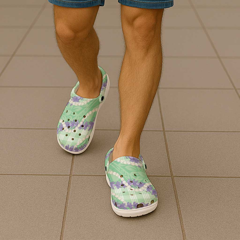 Pastel Green Hawaii Palaka Honohono Pikake Clogs Shoes Hawaiian Orchid Lei Polynesian Pattern - Polynesian Pride