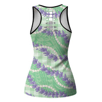 Pastel Green Hawaii Palaka Honohono Pikake Hollow Tank Top Hawaiian Orchid Lei Polynesian Pattern - Polynesian Pride