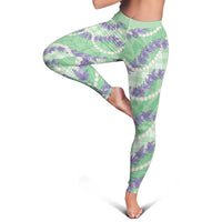 Pastel Green Hawaii Palaka Honohono Pikake Leggings Hawaiian Orchid Lei Polynesian Pattern - Polynesian Pride