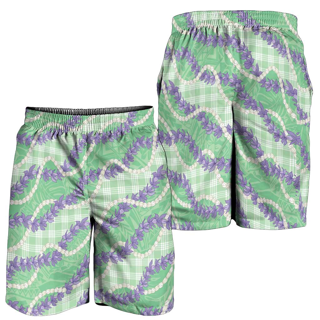 Pastel Green Hawaii Palaka Honohono Pikake Shorts for Men Hawaiian Orchid Lei Polynesian Pattern - Polynesian Pride