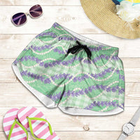 Pastel Green Hawaii Palaka Honohono Pikake Shorts for Women Hawaiian Orchid Lei Polynesian Pattern - Polynesian Pride