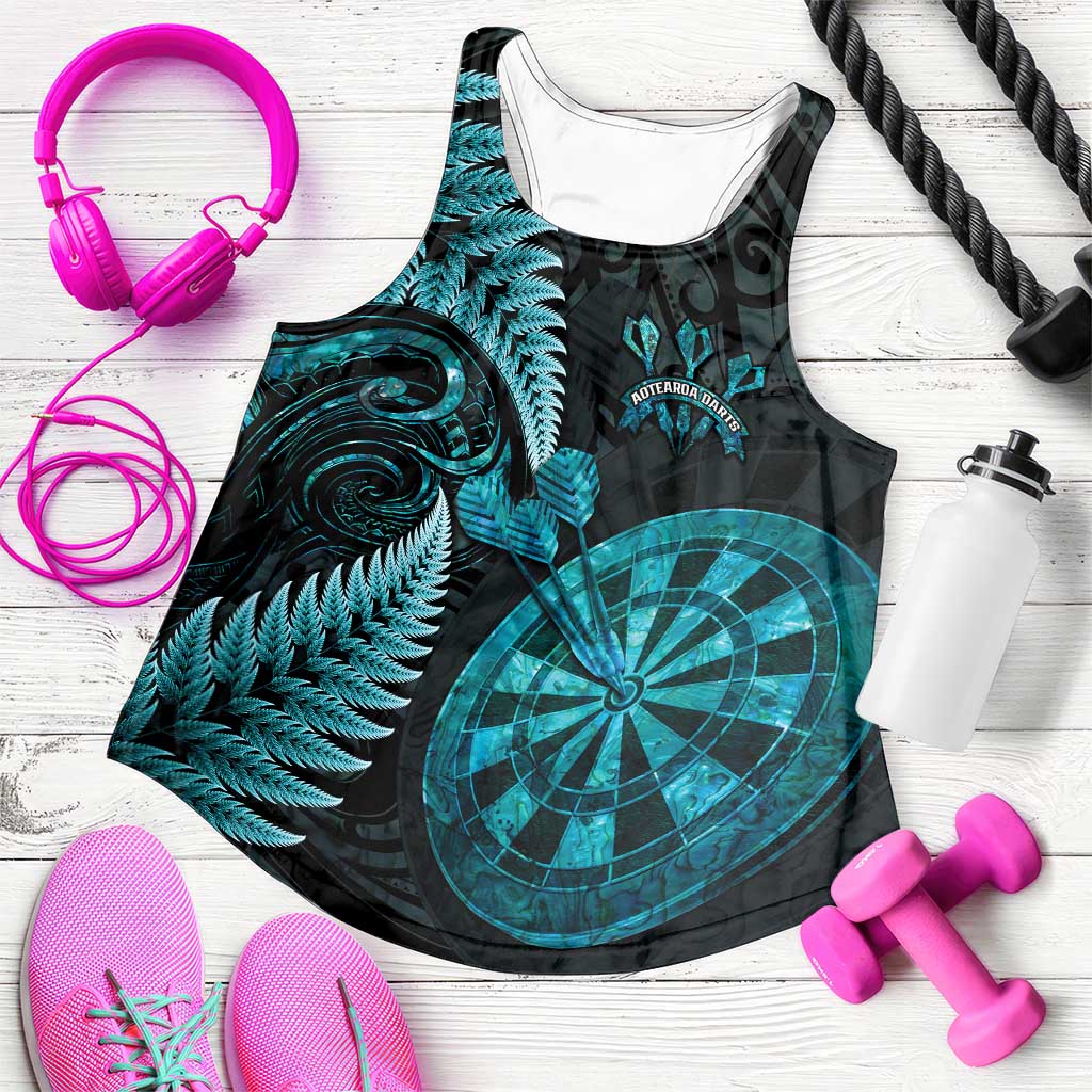 New Zealand Darts Women Racerback Tank Happiness Is A Tight Threesome Maori Paua Shell LT14 Turquoise - Polynesian Pride