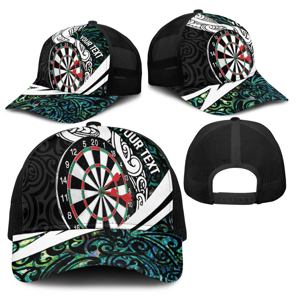 Personalized NZ Darts Baseball Net Cap Paua Shell Maori Koru Whakairo - Polynesian Pride