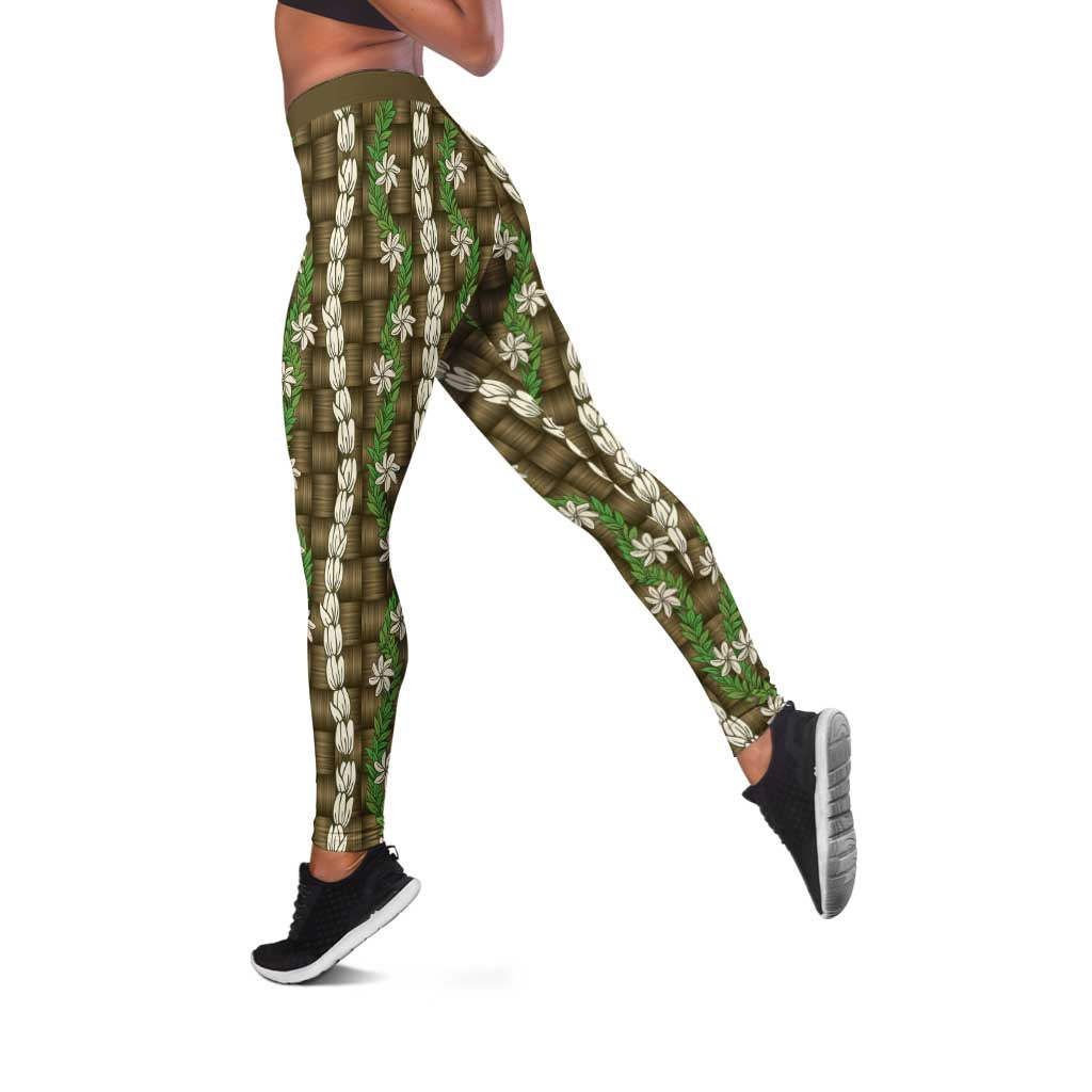 Pikake Maile Tiare Lei Leggings Natural Lauhala Pattern LT01 Brown - Polynesian Pride
