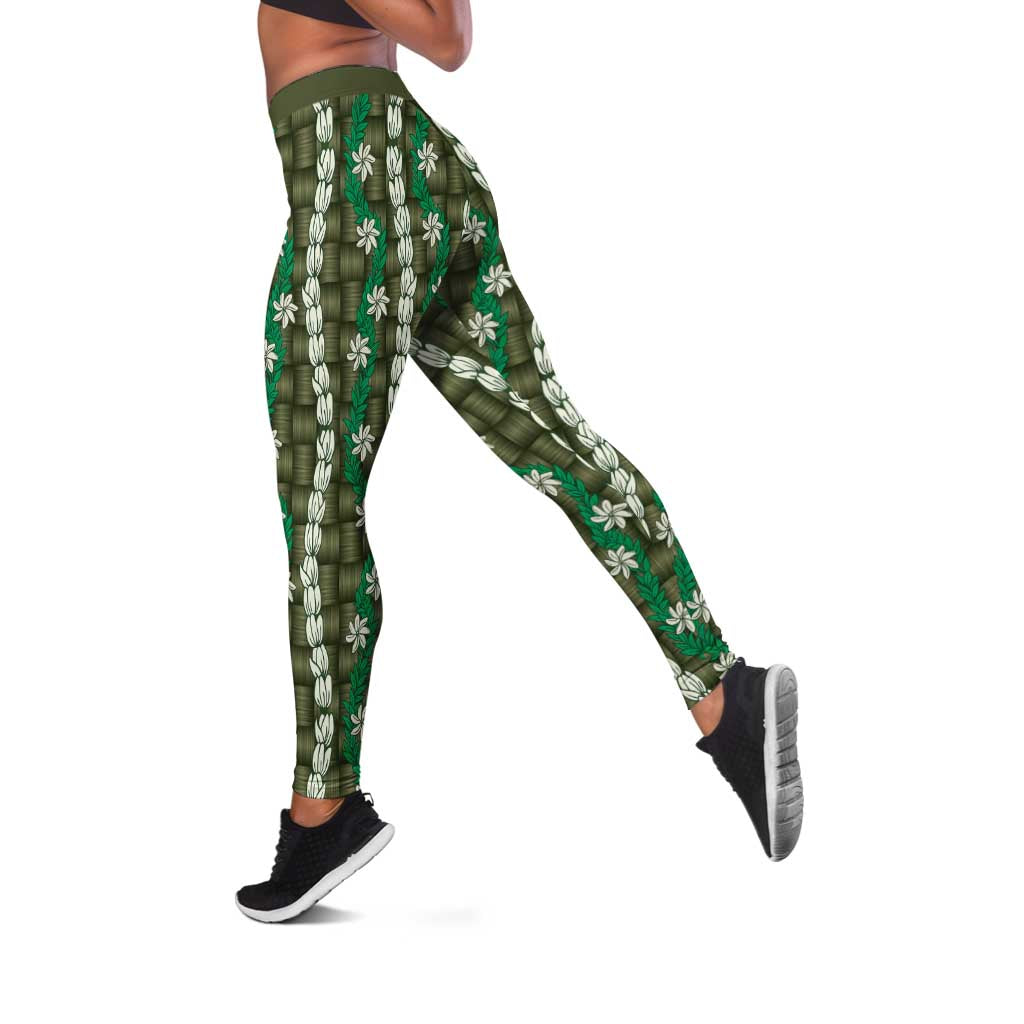 Pikake Maile Tiare Lei Leggings Omaomao Lauhala Pattern LT01 Green - Polynesian Pride