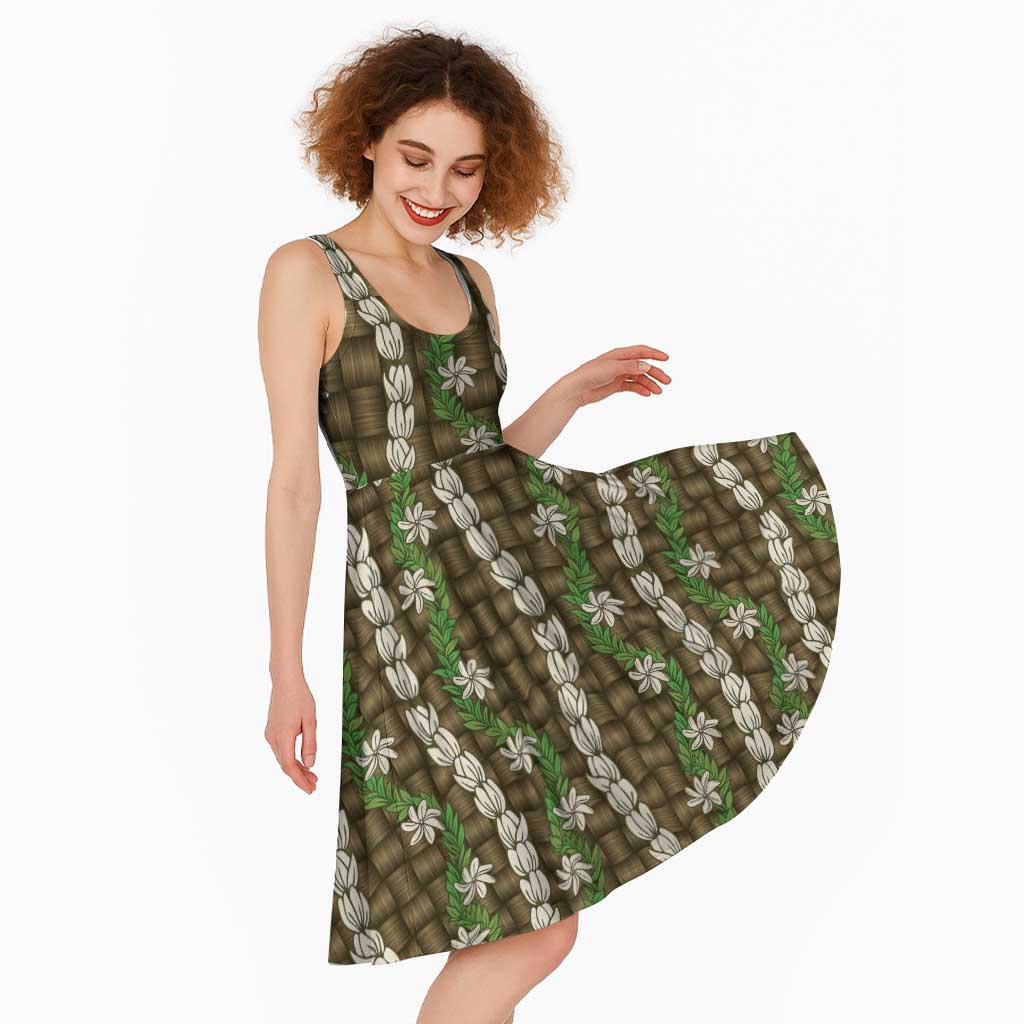 Pikake Maile Tiare Lei Midi Dress Natural Lauhala Pattern