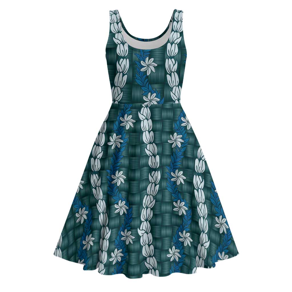 Pikake Maile Tiare Lei Midi Dress Polu Lauhala Pattern LT01 Blue - Polynesian Pride