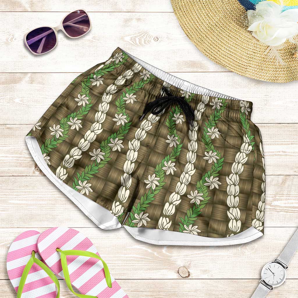 Pikake Maile Tiare Lei Shorts for Women Natural Lauhala Pattern LT01 Brown - Polynesian Pride