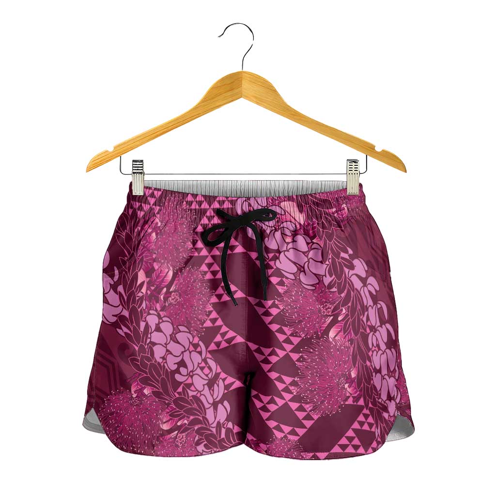 Pink Aloha Hawaii Shorts for Women Hawaiian Kakau Ohia Lehua Lei - Polynesian Pride