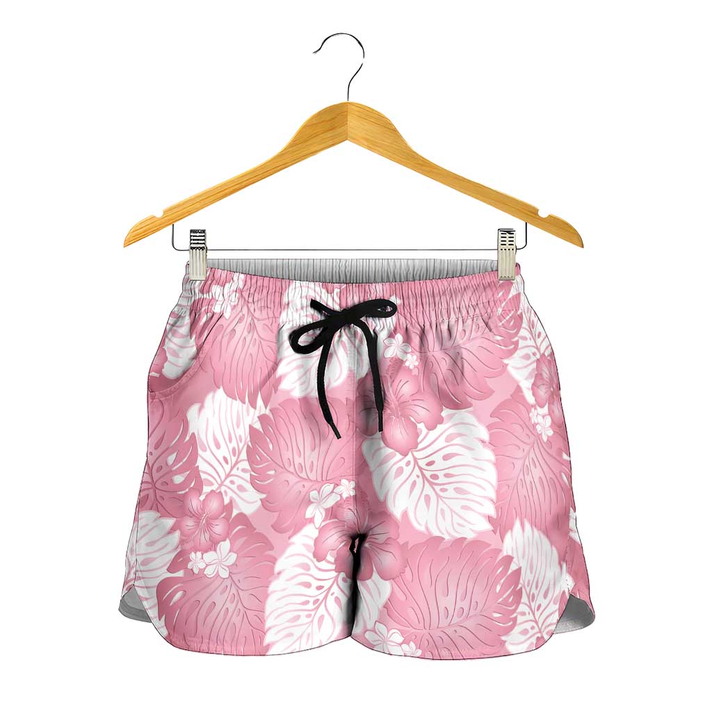 Pink Aloha Hawaii Shorts for Women Monstera Hibiscus Plumeria Seamless Vibes - Polynesian Pride