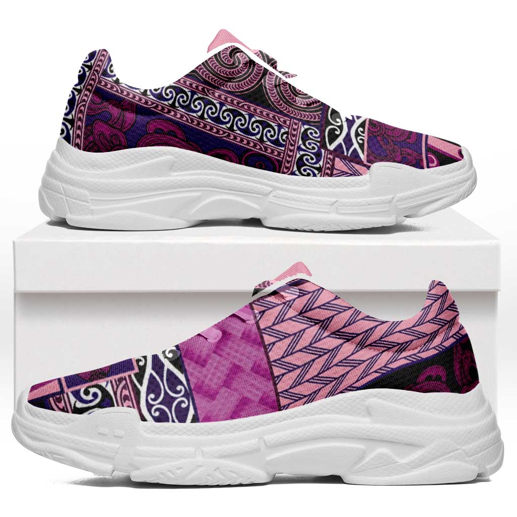 Pink Aotearoa Kowhaiwhai Pattern Chunky Sneakers NZ Maori Quilt Style - Polynesian Pride