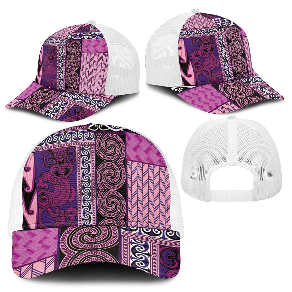 Pink Aotearoa Kowhaiwhai Pattern Mesh Trucker Cap NZ Maori Quilt Style - Polynesian Pride