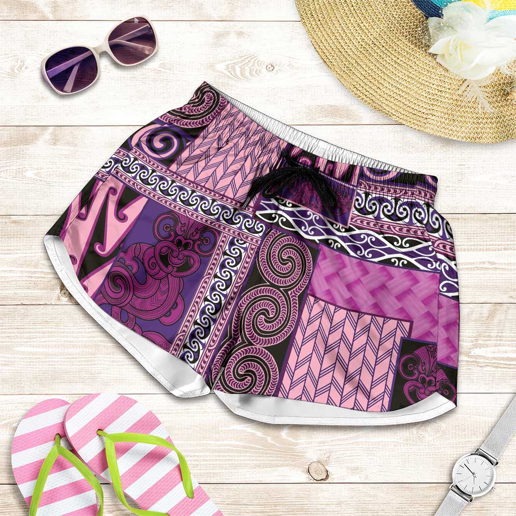 Pink Aotearoa Kowhaiwhai Pattern Shorts for Women NZ Maori Quilt Style LT14 Pink - Polynesian Pride