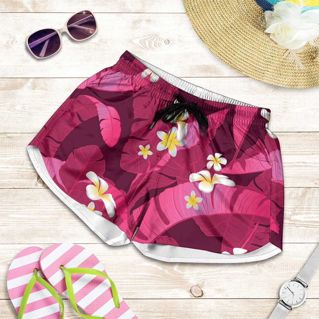 Pink Banana Leaf Hawaii Shorts for Women Lau Maia Plumeria Tropical Summer Vibes