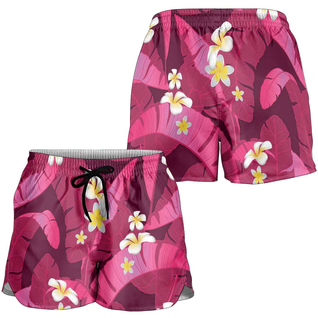 Pink Banana Leaf Hawaii Shorts for Women Lau Maia Plumeria Tropical Summer Vibes