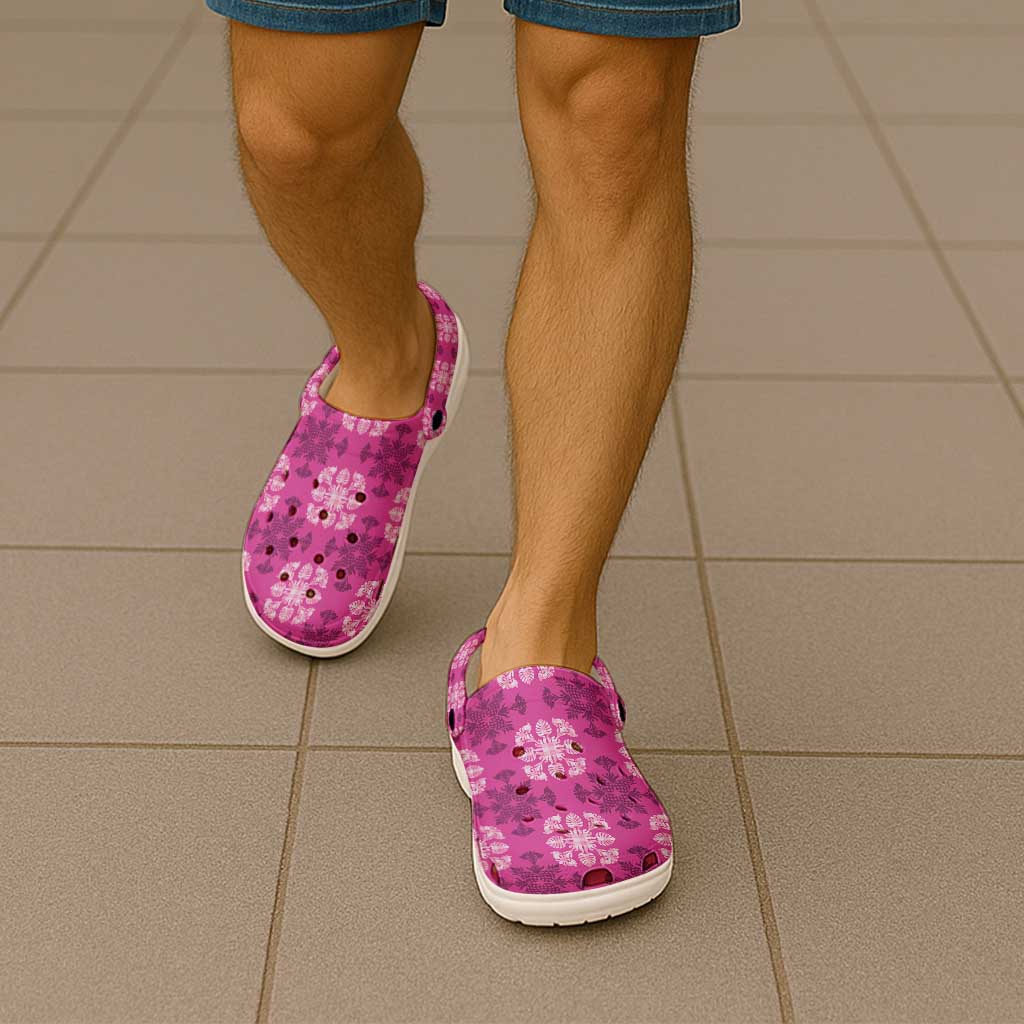 Pink Hawaiian Quilt Clogs Shoes Hawaii Pineapple Monstera Palaka Motifs - Polynesian Pride