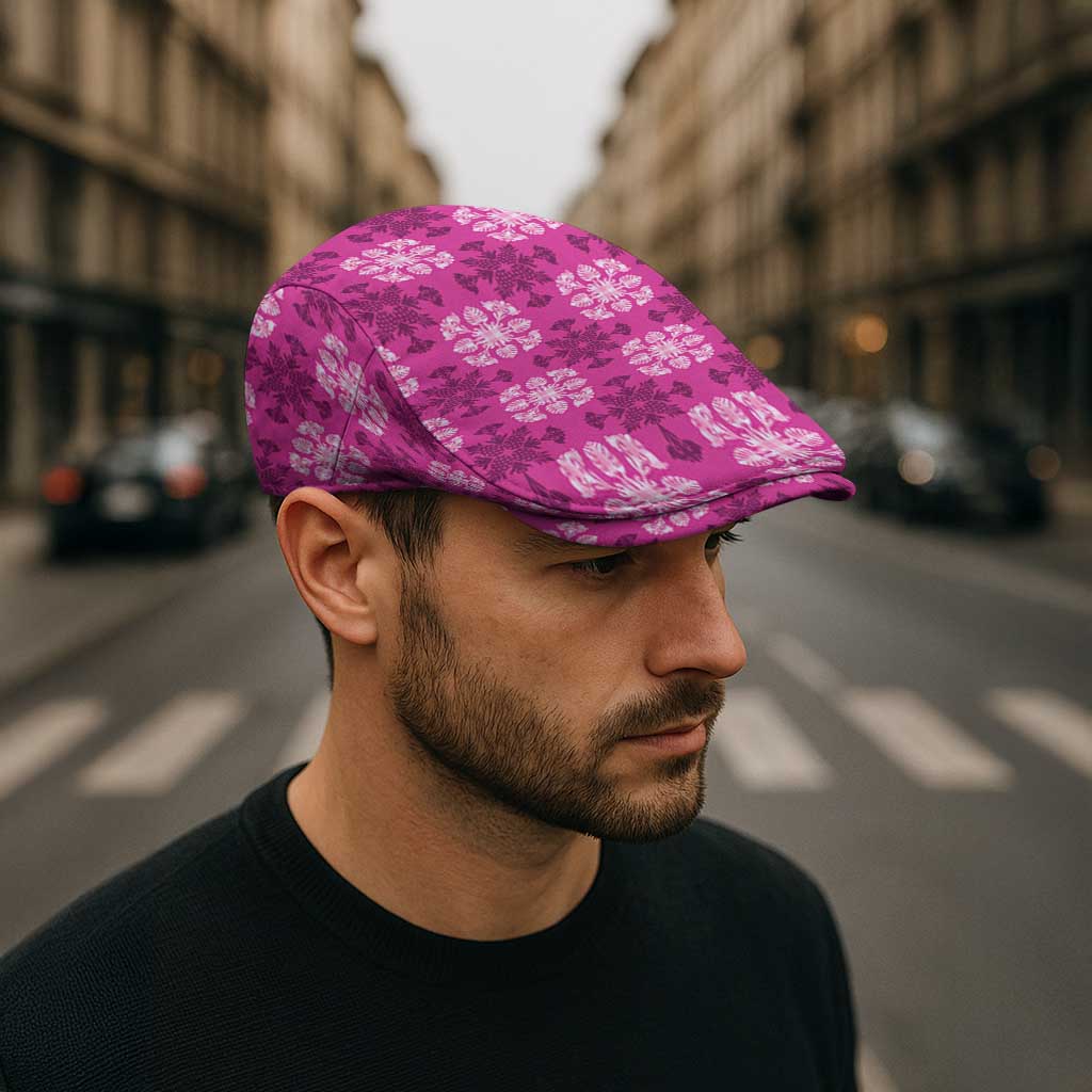 Pink Hawaiian Quilt Jeff Hat Hawaii Pineapple Monstera Palaka Motifs - Polynesian Pride