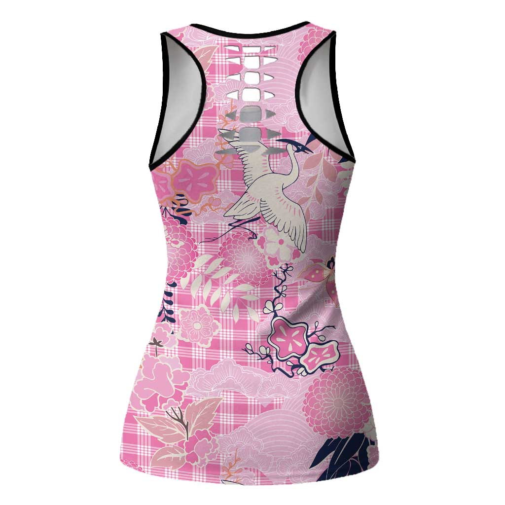 Pink Palaka Crane and Flowers Hollow Tank Top Japan Heritage Spirit - Polynesian Pride