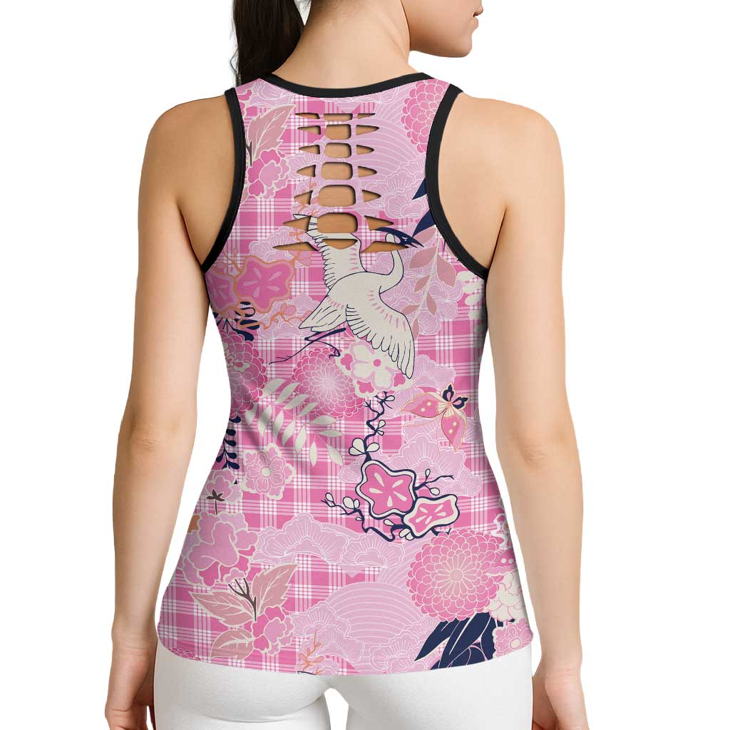 Pink Palaka Crane and Flowers Hollow Tank Top Japan Heritage Spirit - Polynesian Pride