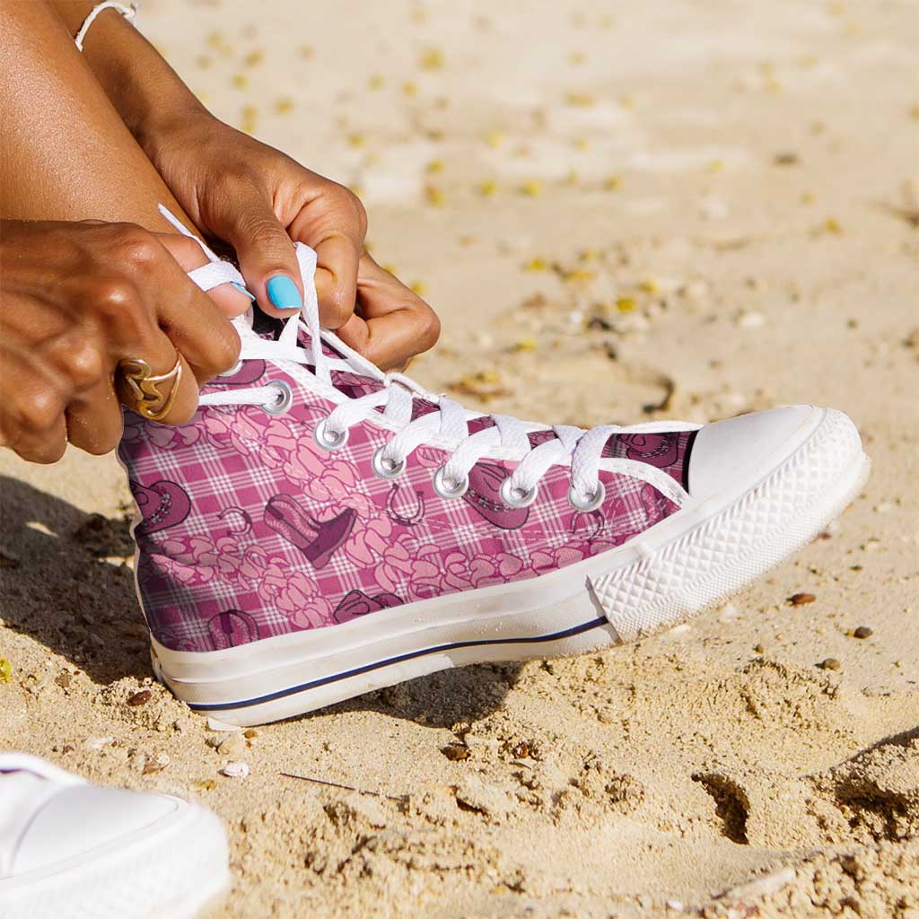 Pink Palaka Hawaii Cowboy High Top Shoes Puakenikeni Lei Paniolo Papale Seamless Vibes - Polynesian Pride