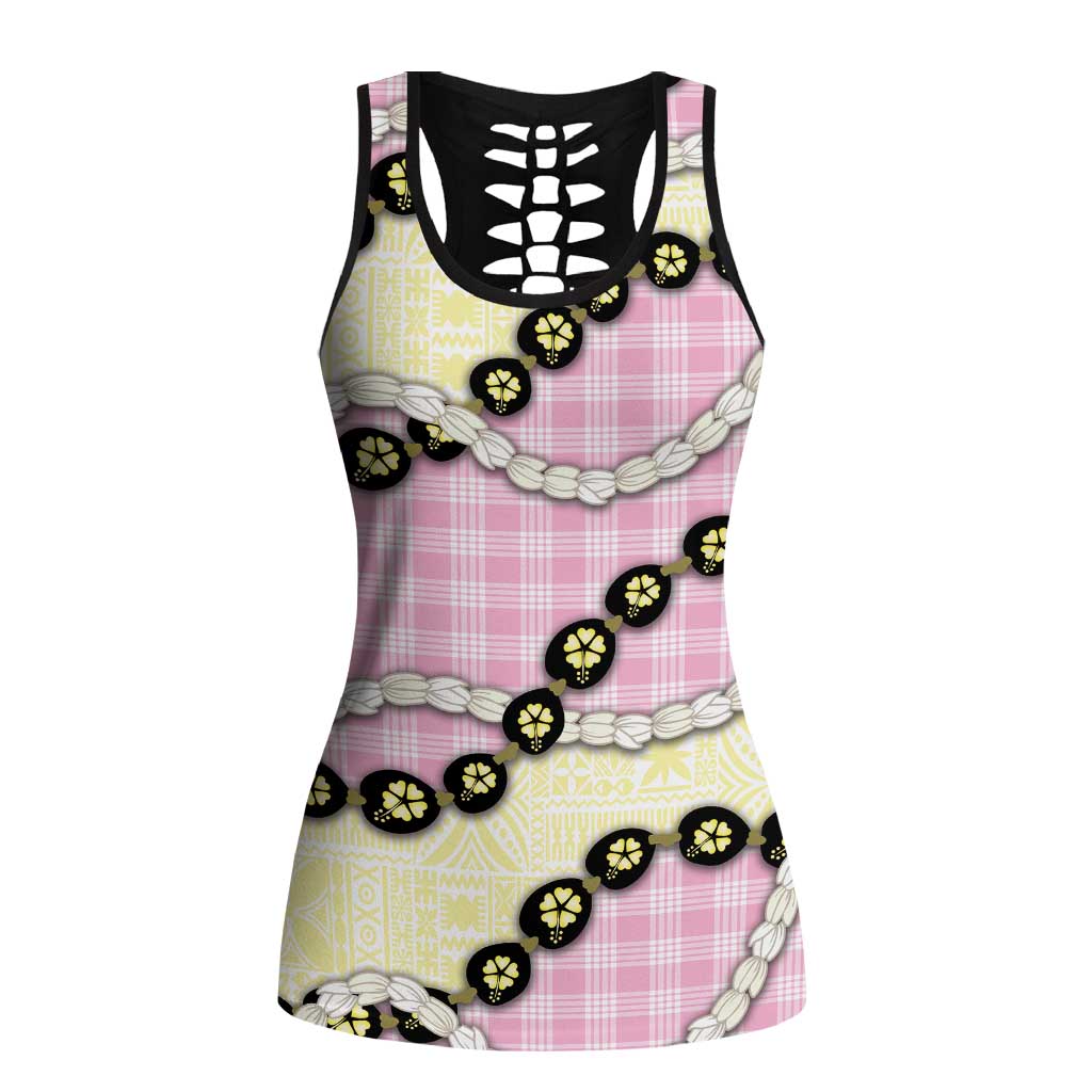 Pink Palaka Hawaii Hollow Tank Top Kukui Nut Pikake Lei Hawaiian Tapa Pattern - Polynesian Pride